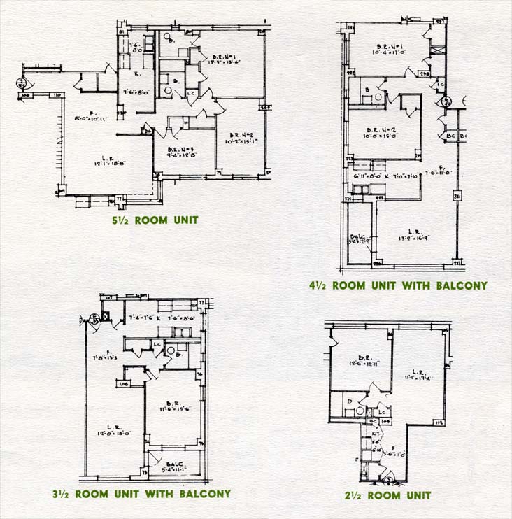 Floor plan diagrams for units with 2 1/2 rooms, 3 1/2 rooms, 4 1/2 rooms, and 5 1/2 rooms, the latter 3 sizes all with a balcony